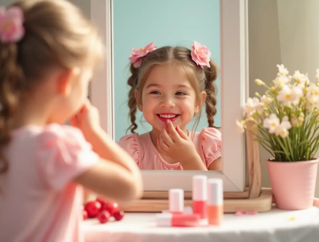 A young girl smiling while applying a light pink lip tint in front of a mirror. A flat lay of UrbanShade Kids Lip Cheek Eye Tint Combo next to natural ingredients like shea butter and vitamin E capsules. A dance recital dressing room with kids using gentle makeup under supervision. A close-up of child-safe, chemical-free lip tint in a pastel-colored tube on a summer-themed background.