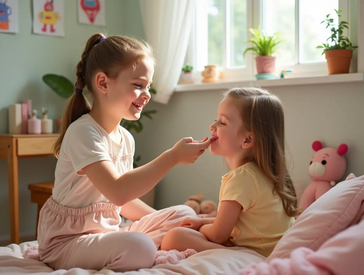 Preteen girl smiling with soft tinted cheeks in a sunlit bedroom. Mother gently applying multi-use tint to her daughter’s lips before a school play. Eco-friendly kids vanity setup with flowers, wooden mirror, and drawings in the background. Happy mother and daughter bonding over makeup in a safe and joyful moment.