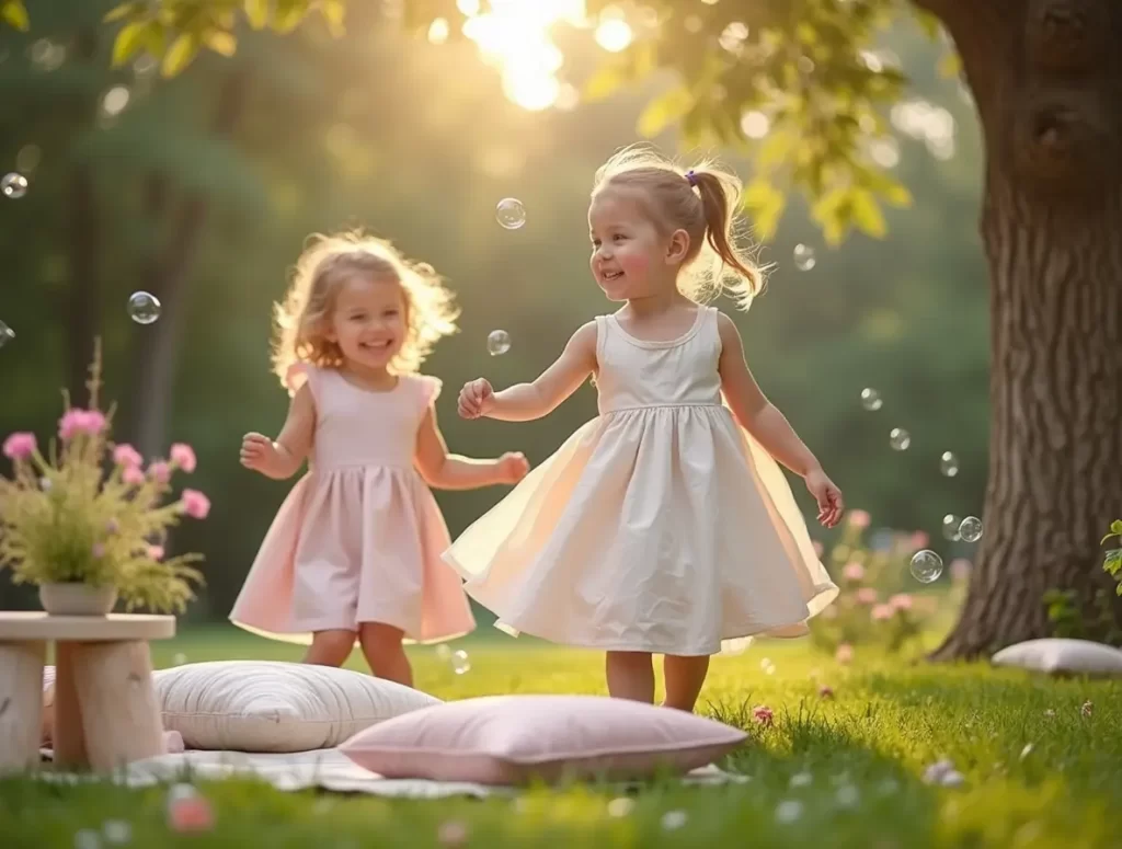 A young girl gently applying a rose-tinted lip balm with the help of her smiling mom. The moment captures warmth, care, and playfulness—symbolizing a safe and joyful introduction to makeup.
