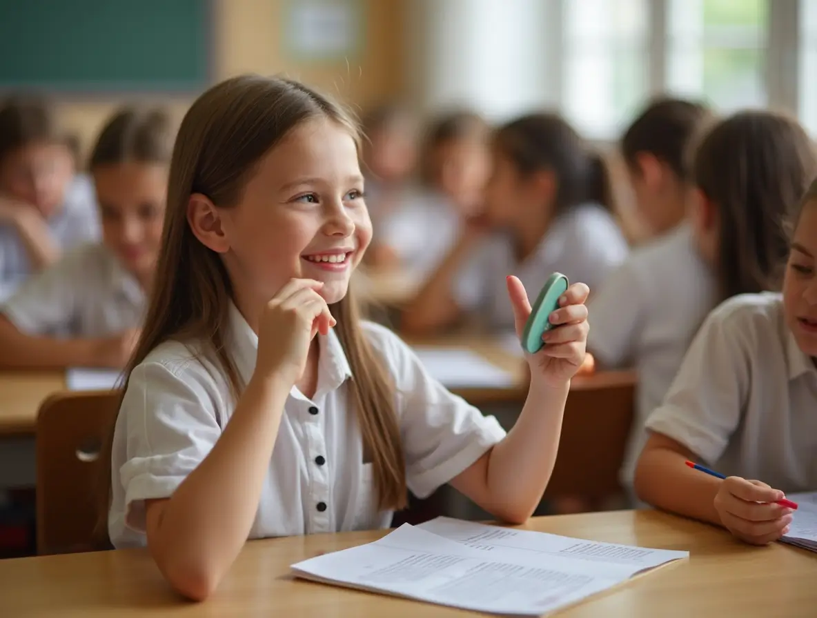One girls doing light makeup with natural tints in a school-friendly setting Kid applying lip tint and her friend using tint on her chin in a playful, innocent scene Soft natural light highlighting child-safe makeup routines