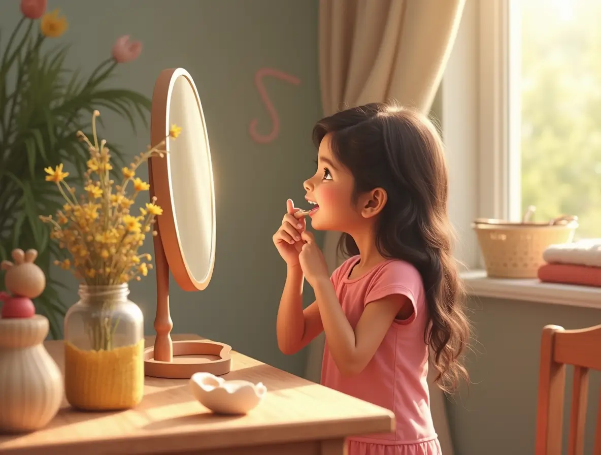 A young girl smiling while applying tinted lip balm in a well-lit, playful room Flat lay of UrbanShade’s kid-friendly makeup products with natural ingredients A mother and daughter laughing together while playing with safe makeup Brightly colored, child-safe lip tints and balms on a clean white background